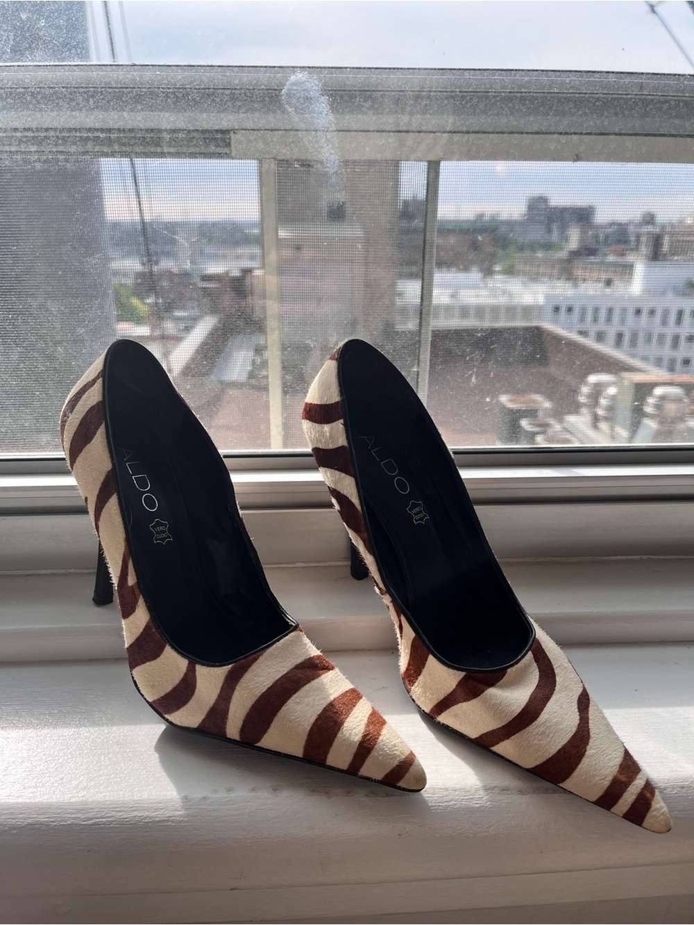 ALDO Brown and Cream Zebra-Striped Pointed Toe Pumps